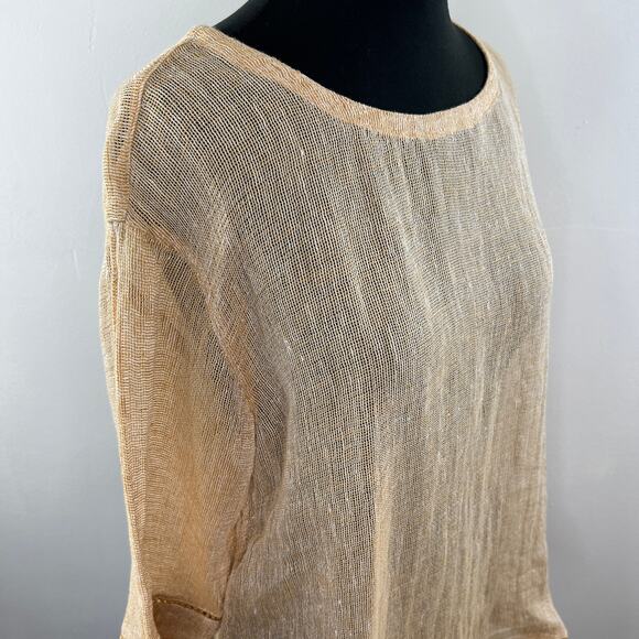 J. Jill Pure Jill Linen Tan Open-Knit 3/4 Sleeve Round Neck Top Lightweight M - Picture 4 of 7